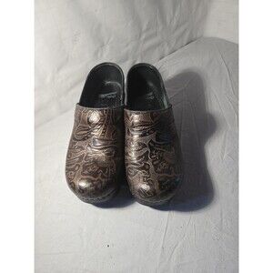 Dansko Floral Brown Leather Tooled Wedge Slip On Clog Shoe Womens 37 US.7 Nurse